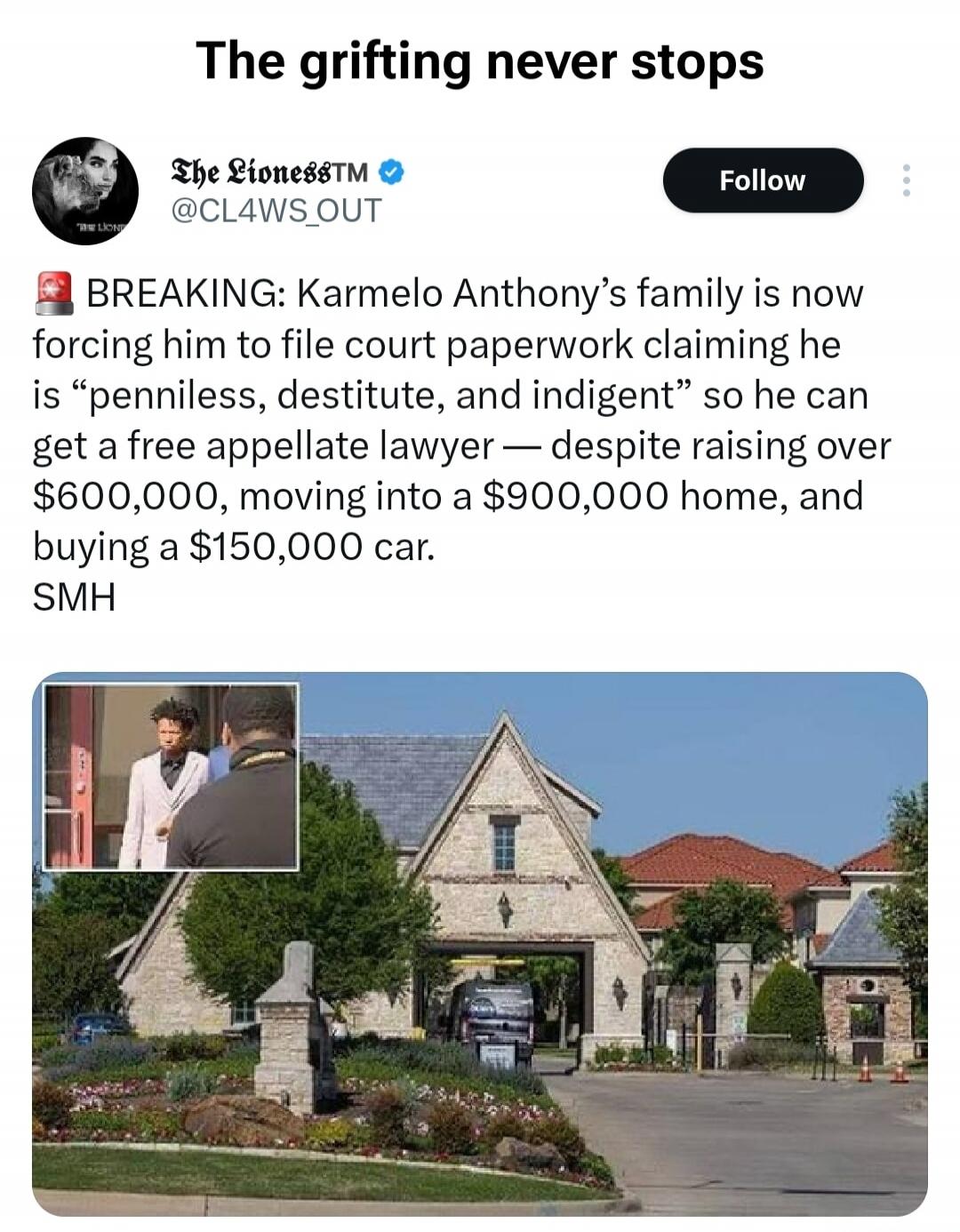 The grifting never stops. BREAKING: Carmelo Anthony's family is now forcing him to file court paperwork claiming he is 