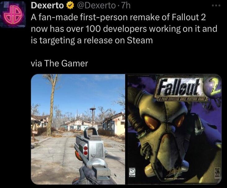 Dexerto Dexerto 7h Afan made first person remake of Fallout 2 now has over 100 developers working on it and ECENC LRI CE L via The Gamer