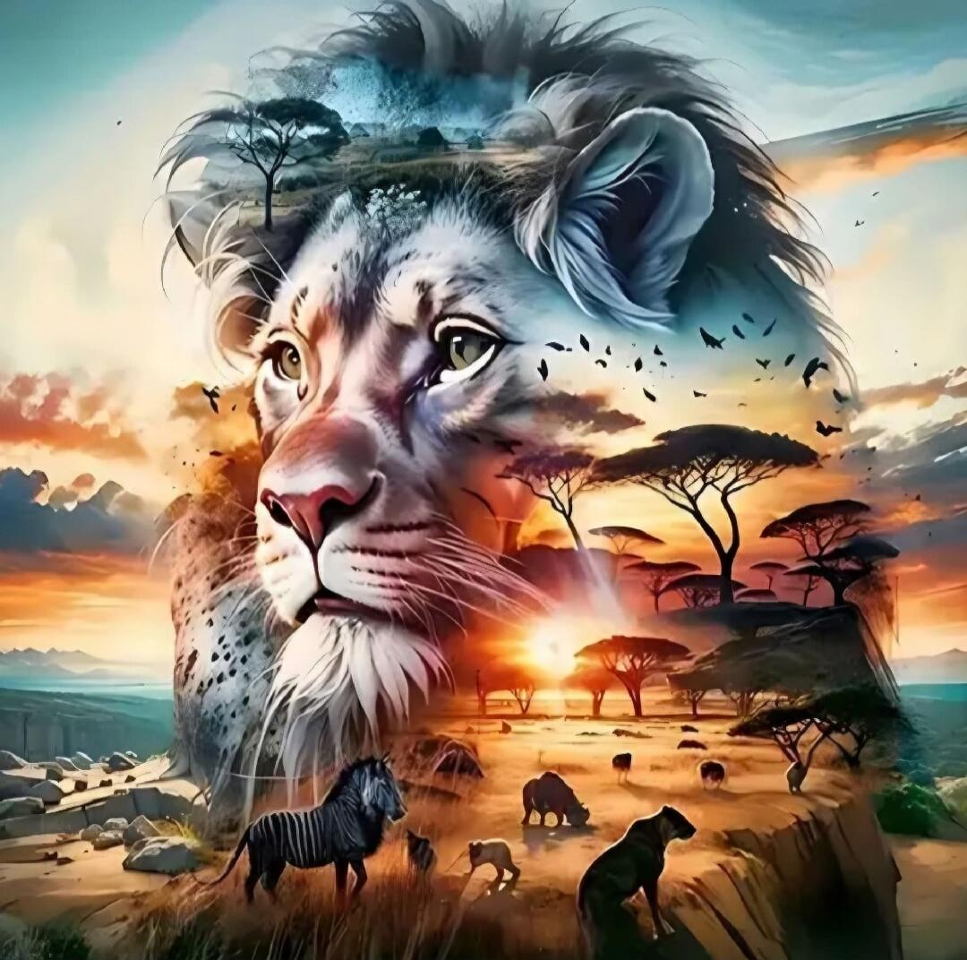 An artistic composite portrait of a lion with a savannah landscape blended into the image, creating a surreal double-exposure effect.