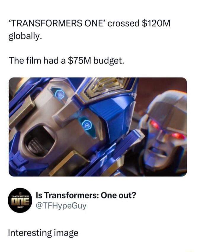 TRANSFORMERS ONE crossed 120M globally The film had a 75M budget Is Transformers One out TFHypeGuy Interesting image