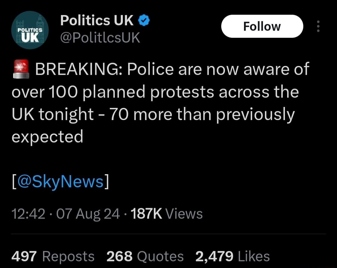 Politics UK PolitlesUK BREAKING Police are now aware of over 100 planned protests across the UK tonight 70 more than previously E SkyNews 1242 07 Aug 24 187K Views 497 Reposts 268 Quotes 2479 Likes