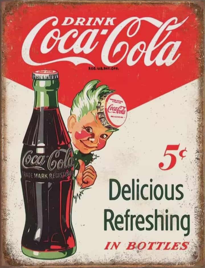 DRINK Coca-Cola
Delicious Refreshing
IN BOTTLES
5¢
Coca-Cola bottle with a cartoon boy