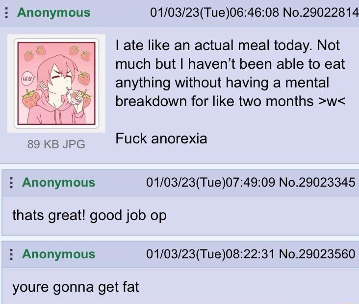 i Anonymous 89 KB JPG Anonymous 010323Tue064608 No29022814 ate like an actual meal today Not much but havent been able to eat anything without having a mental breakdown for like two months w Fuck anorexia 010323Tue074909 No29023345 thats great good job op i Anonymous 010323Tue082231 No29023560 youre gonna get fat