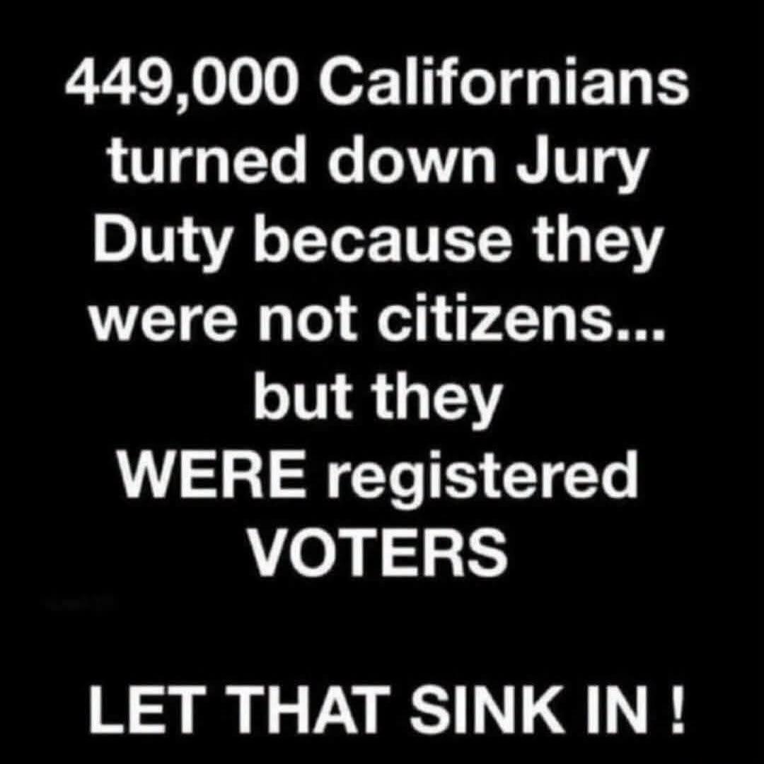 449,000 Californians turned down Jury Duty because they were not citizens... but they WERE registered VOTERS LET THAT SINK IN !