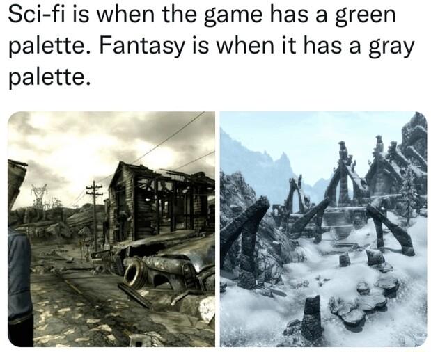Sci fi is when the game has a green palette Fantasy is when it has a gray palette