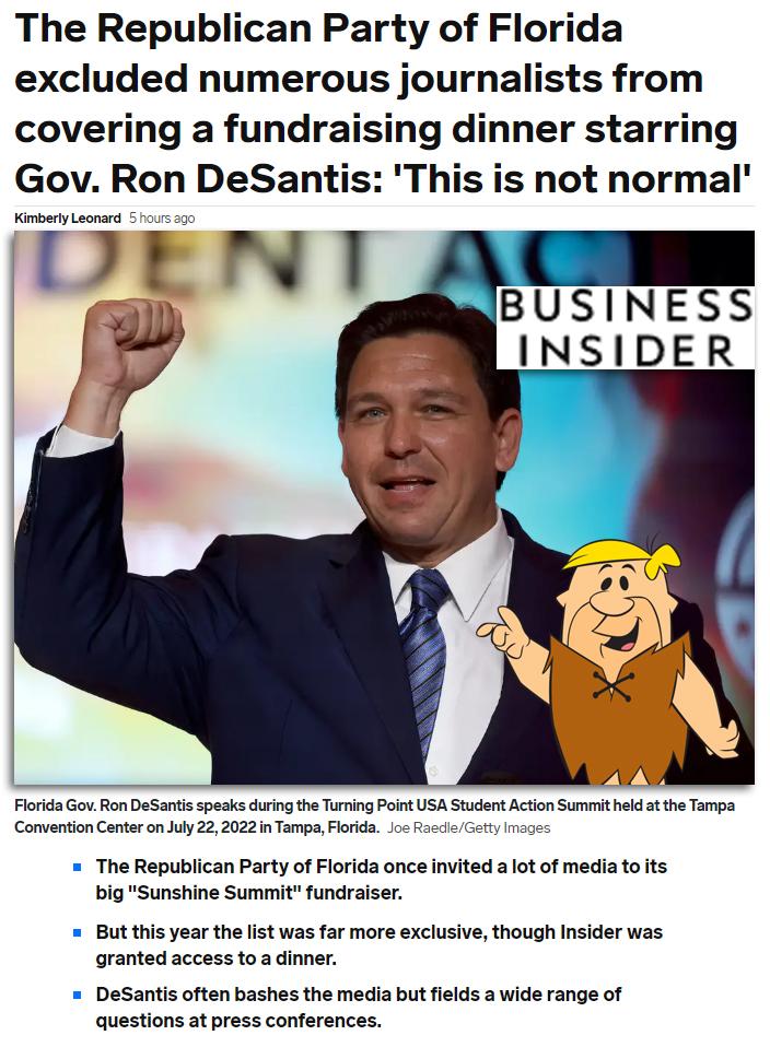 The Republican Party of Florida excluded numerous journalists from covering a fundraising dinner starring Gov Ron DeSantis This is not normal Kb asrrs 4 BUSINESS INSIDER Flrida Go Ron DeSants speaks duing he Tuming ot USA Student Acton Summit hed at the Tampa Convention Contarcn by 22 2022 i TampsFlorid o e ot The Republican Party of Florida once inviteda lot of media toiits big Sunshine Summit fu