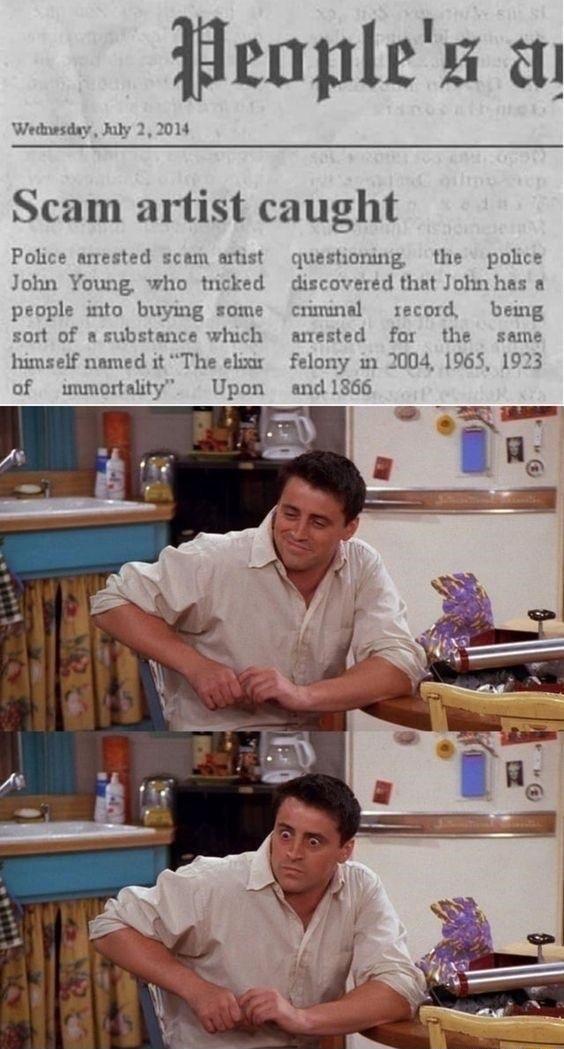 Heoples a Wedwsday Jaly 2 2014 Police amested scam artist John Young who tncked people into buying some t of a substance which himself named it The eloar of immortality Upon cam artist caught questioning the police discovered that John has criminal record being anmested for the same in 2004 1965 1923