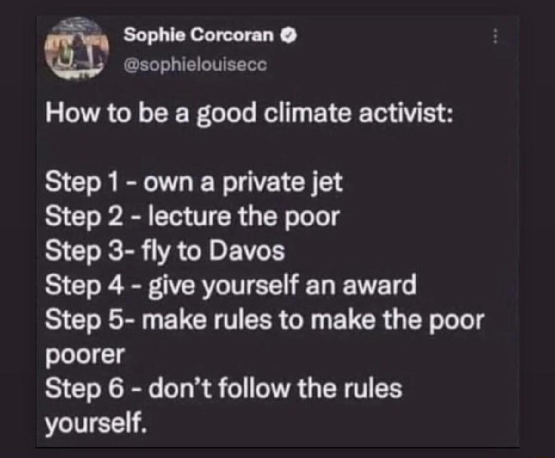 y Sophie Corcoran u sophielouisecc How to be a good climate activist Step 1 own a private jet Step 2 lecture the poor IR R CIEIT Step 4 give yourself an award Step 5 make rules to make the poor poorer Step 6 dont follow the rules yourself