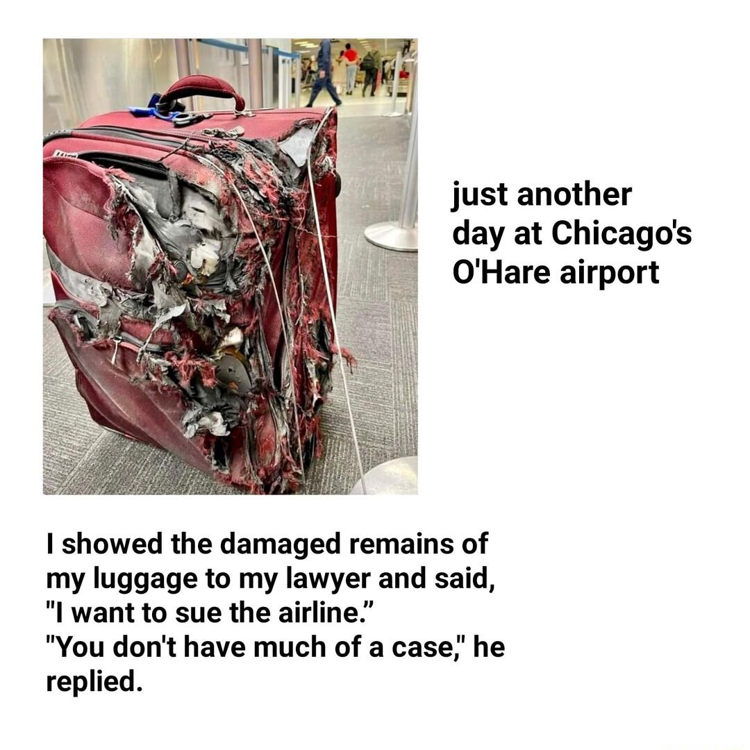 just another day at Chicagos OHare airport I showed the damaged remains of my luggage to my lawyer and said I want to sue the airline You dont have much of a case he replied