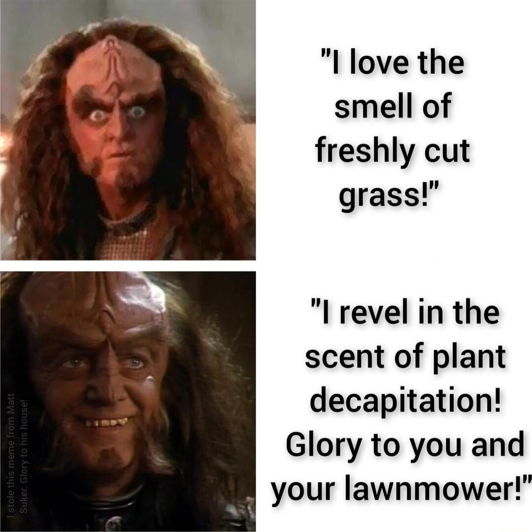 l love the smell of freshly cut grass I revel in the scent of plant decapitation Glory to you and your lawnmower