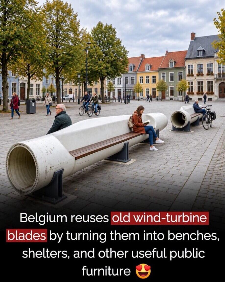 Belgium reuses old wind-turbine blades by turning them into benches, shelters, and other useful public furniture.