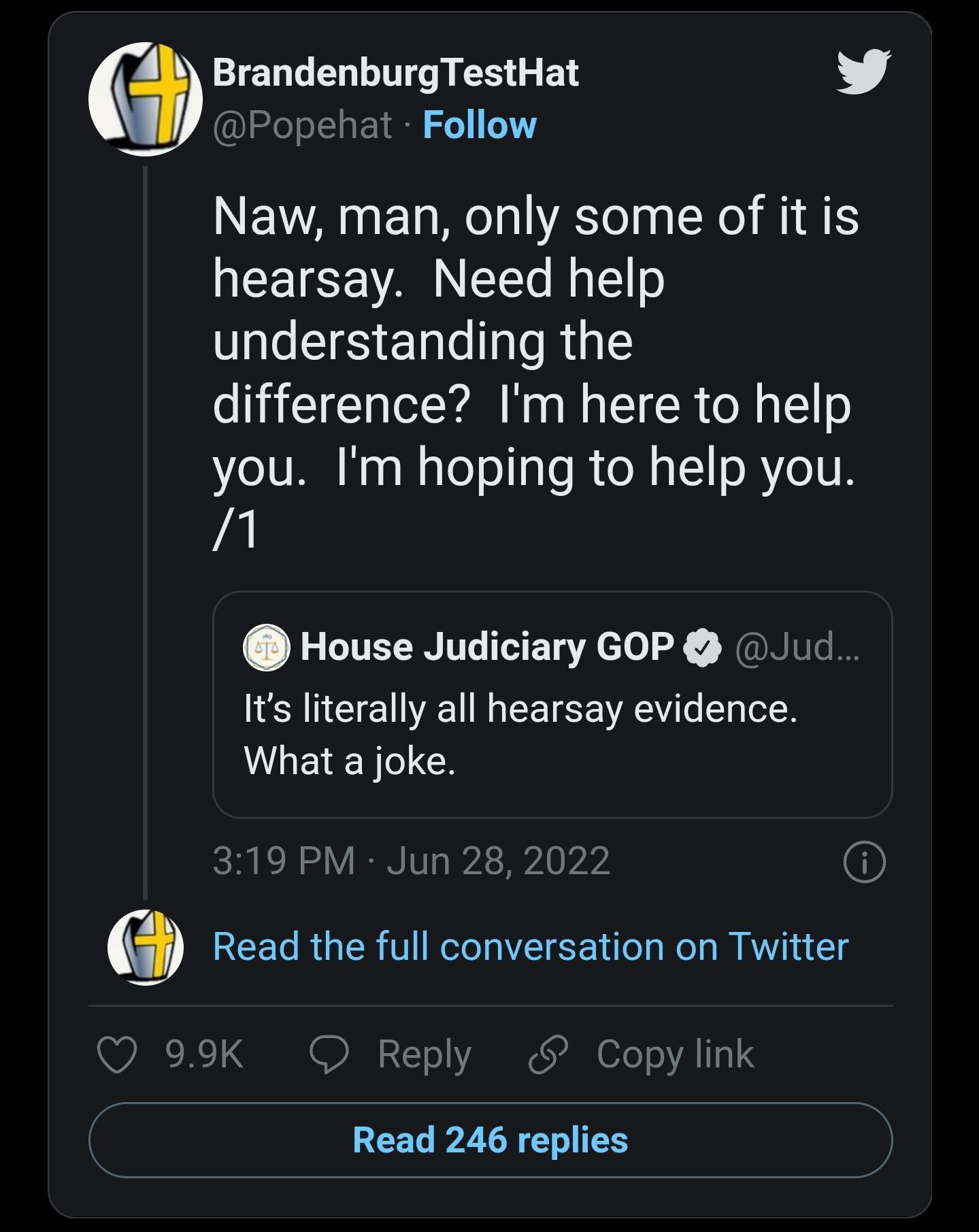 Q BrandenburgTestHat L P Follow Naw man only some of it is ACETEE VAN N understanding the N YRR CROTE you Im hoping to help you Al House Judiciary GOP ud Its literally all hearsay evidence LGETERE Jun 28 2022 Read the full conversation on Twitter 99K Reply Copylink Read 246 replies