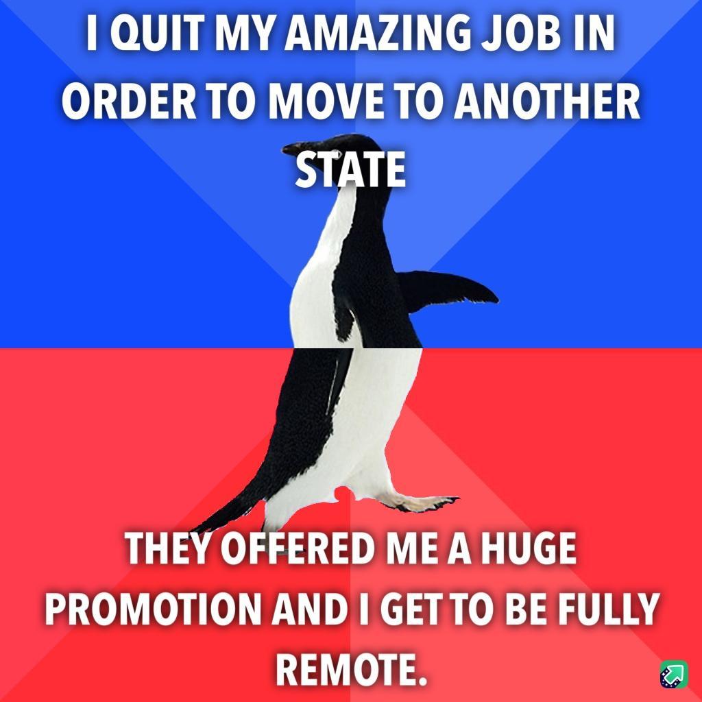 1 QUIT MY AMAZING JOB IN ORDERTO MOVETO ANOTHER STATE THEY OFFERED ME A HUGE PROMOTION AND GETTO BE FULLY REMOTE