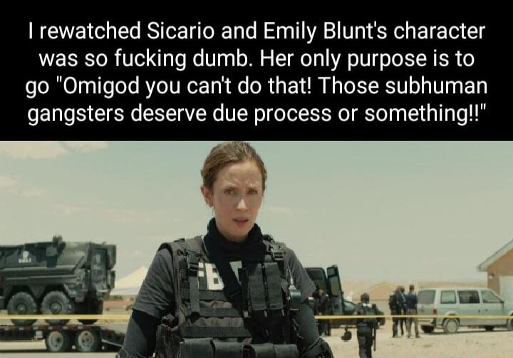 rewatched Sicario and Emily Blunts character was so fucking dumb Her only purpose is to go Omigod you cant do that Those subhuman gangsters deserve due process or something