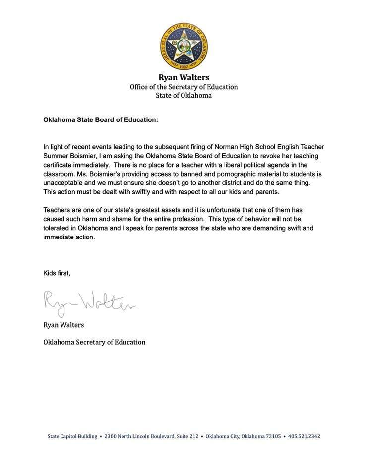 Ryan Walters Offc o the Seceary of Bucation St ofOdoms i Sate Boad of Esucnton o rca oers oadig o st g o orman Hh ShoErgen Tocher Summar Boarir 35k e Ofshoma St Brd o Educaton o ke P a3chg ooy e 1 ac o e wih or s 300 70 s M Bl rofdng ccess o barned and s ekl 0 s nacapslo 2w et i 210 G0 1 ot i a0 G o 3 T cion st o dull wih sy andwin et o our i ad arrs Techors aroneofur s roest s an st i ora o s 03 