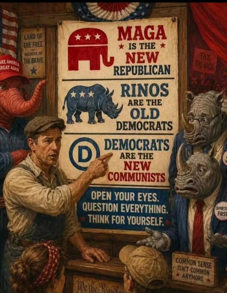 LAND OF THE FREE BECAUSE OF THE BRAVE. MAKE AMERICA GREAT AGAIN. MAGA IS THE NEW REPUBLICAN. RINOS ARE THE OLD DEMOCRATS. DEMOCRATS ARE THE NEW COMMUNISTS. OPEN YOUR EYES. QUESTION EVERYTHING. THINK FOR YOURSELF. TAX THE RICH. BIPARTISAN FIRST. COMMON SENSE ISN'T COMMON ANYMORE. We the People.