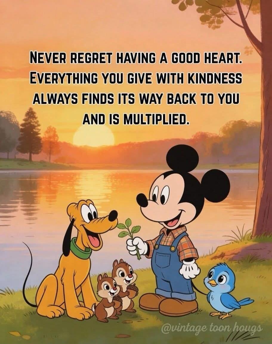 NEVER REGRET HAVING A GOOD HEART. EVERYTHING YOU GIVE WITH KINDNESS ALWAYS FINDS ITS WAY BACK TO YOU AND IS MULTIPLIED.