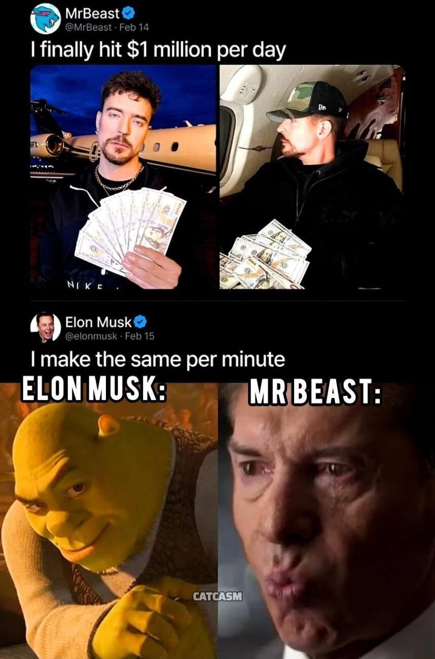 MrBeast @MrBeast · Feb 14 I finally hit $1 million per day Elon Musk @elonmusk · Feb 15 I make the same per minute ELON MUSK: MR BEAST: CATCASM
