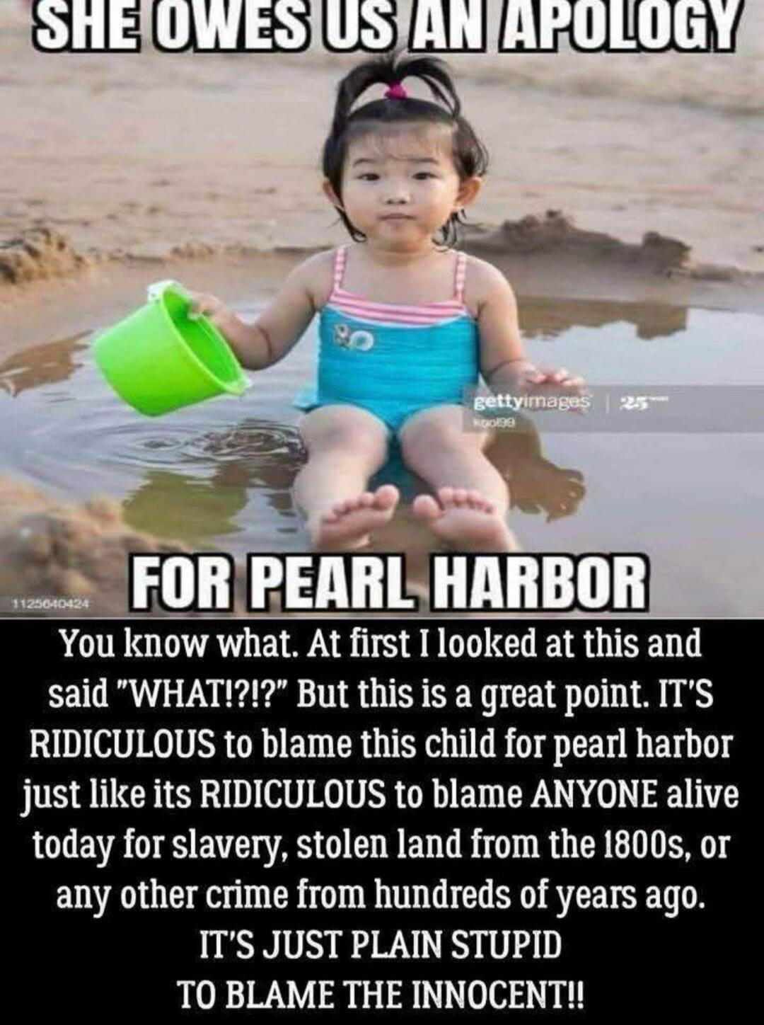 SHE OWES US AN APOLOGY FOR PEARL HARBOR You know what. At first I looked at this and said 