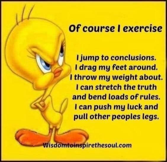 Of course I exercise. I jump to conclusions. I drag my feet around. I throw my weight about. I can stretch the truth and bend loads of rules. I can push my luck and pull other peoples legs. Wisdomtoinspirethesoul.com