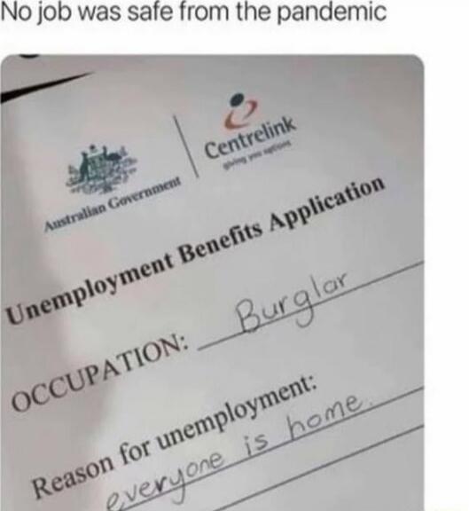 No job was safe from the pandemic

Unemployment Benefits Application
OCCUPATION: Burglar
Reason for unemployment: everyone is home