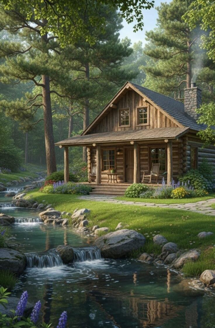 A picturesque log cabin nestled in a lush forest, with a small stream or creek running in front. The cabin features a wooden porch, stone chimney, and large surrounding trees, creating a serene woodland scene.