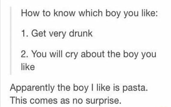 How to know which boy you like 1 Get very drunk 2 You will cry about the boy you like Apparently the boy like is pasta This comes as no surprise
