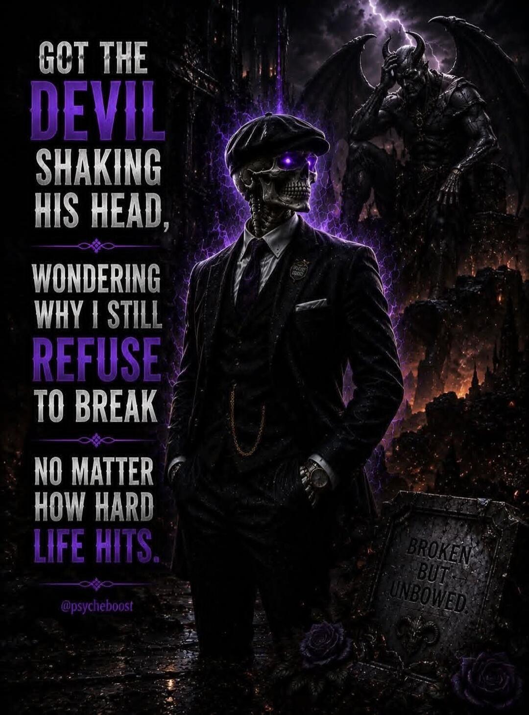 GOT THE DEVIL SHAKING HIS HEAD, WONDERING WHY I STILL REFUSE TO BREAK NO MATTER HOW HARD LIFE HITS. BROKEN BUT UNBOWED.