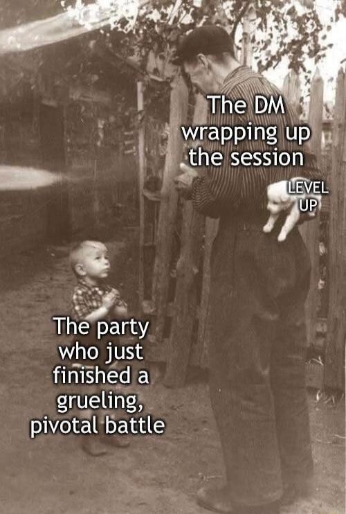 The DM wrapping up the session
LEVEL UP
The party who just finished a grueling, pivotal battle
