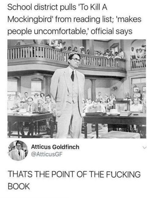 School district pulls To Kill A Mockingbird from reading list makes people uncomfortable official says Atticus Goldfinch AtticusGF A U THATS THE POINT OF THE FUCKING BOOK