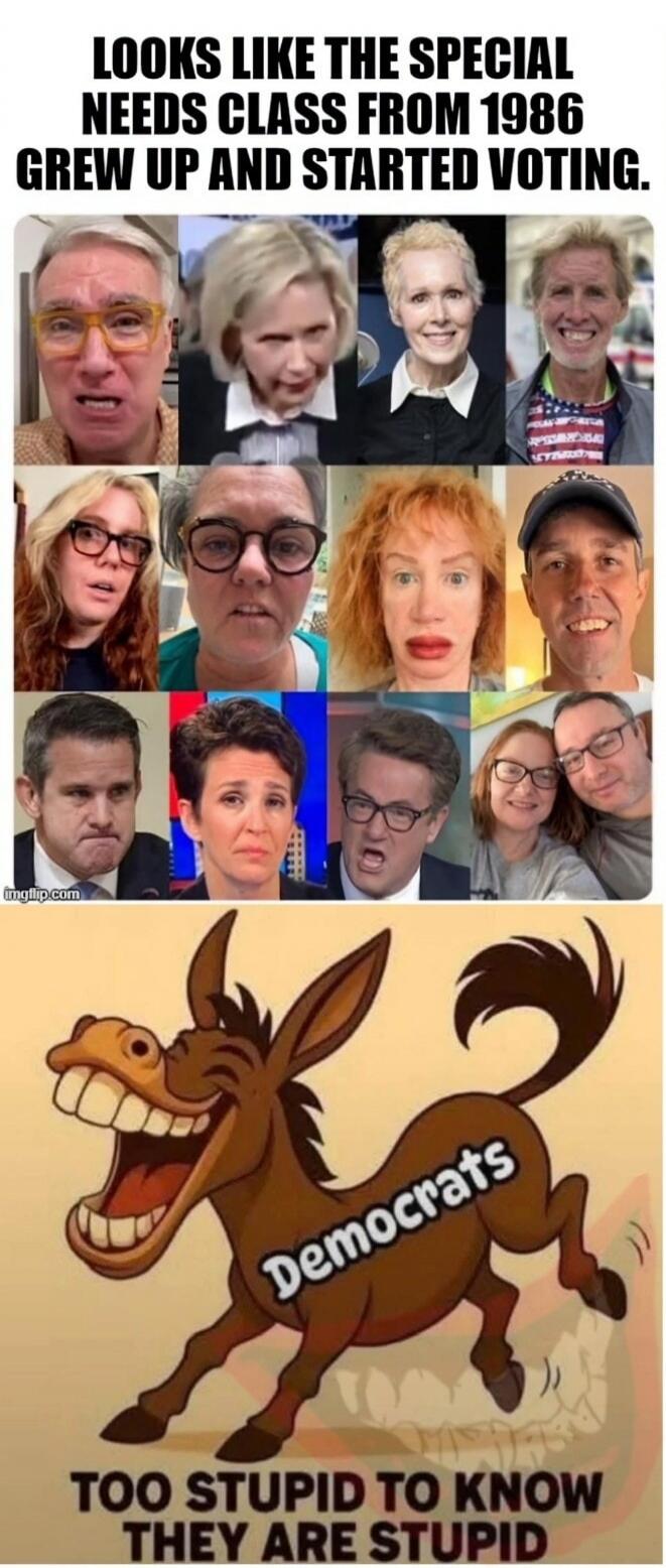 LOOKS LIKE THE SPECIAL NEEDS CLASS FROM 1986 GREW UP AND STARTED VOTING. Democrats TOO STUPID TO KNOW THEY ARE STUPID