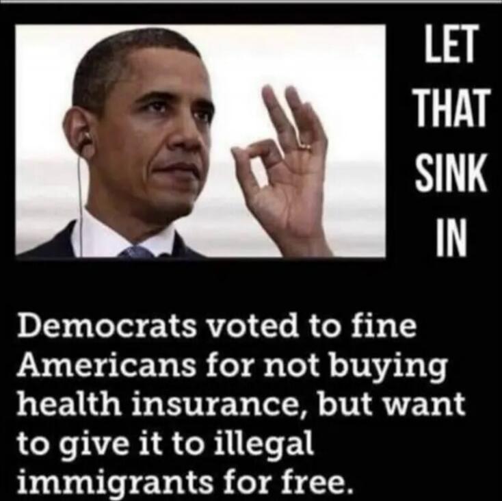 Let that sink in
Democrats voted to fine Americans for not buying health insurance, but want to give it to illegal immigrants for free.