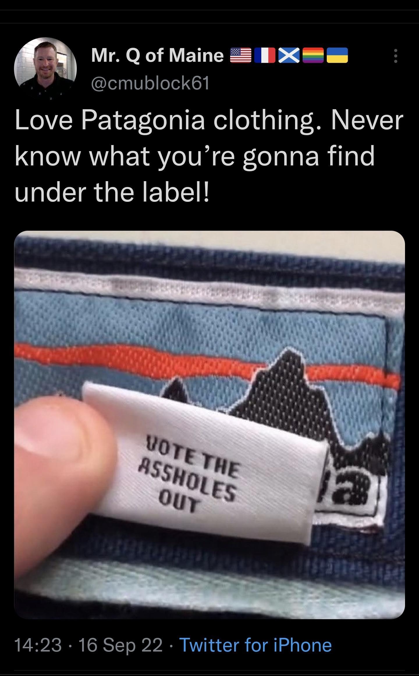 2206 L M B coB N Rl 44a Tweet Mr Q of Maine 5 DX 7 cmublock61 Love Patagonia clothing Never know what youre gonna find under the label 1423 16 Sep 22 Twitter for iPhone Tweet your reply I L