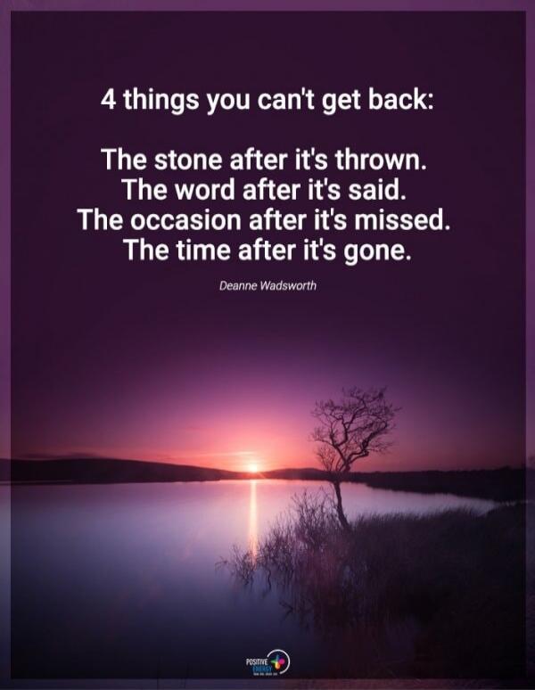 4 things you can't get back: The stone after it's thrown. The word after it's said. The occasion after it's missed. The time after it's gone. Deanne Wadsworth.