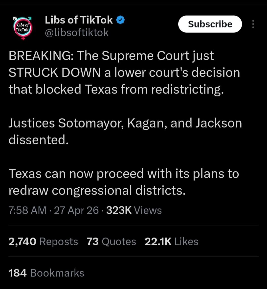 BREAKING: The Supreme Court just STRUCK DOWN a lower court's decision that blocked Texas from redistricting. Justices Sotomayor, Kagan, and Jackson dissented. Texas can now proceed with its plans to redraw congressional districts.