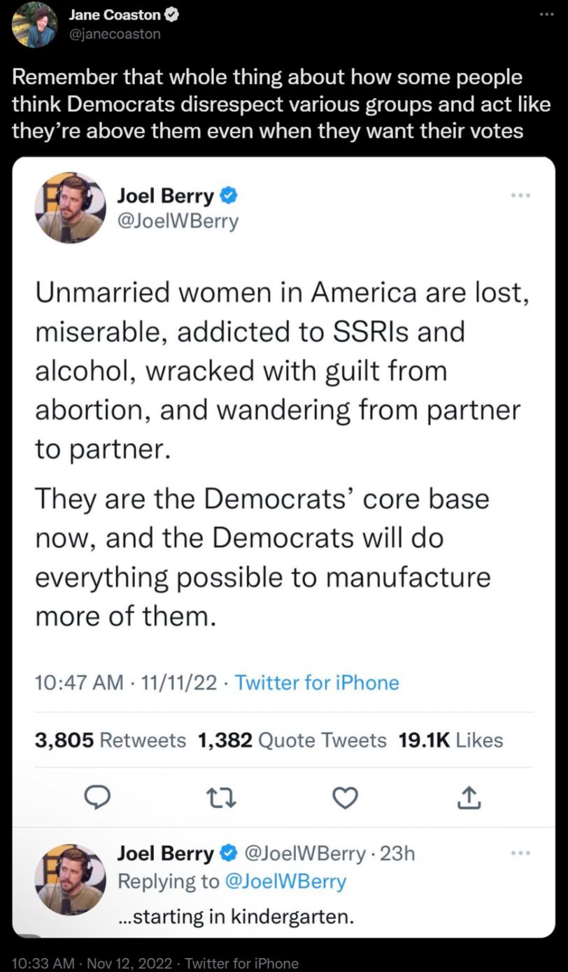 P e id Remember that whole thing about how some people think Democrats disrespect various groups and act like theyre above them even when they want their votes Joel Berry loelWBerry Unmarried women in America are lost miserable addicted to SSRIs and alcohol wracked with guilt from abortion and wandering from partner to partner They are the Democrats core base now and the Democrats will do everythi