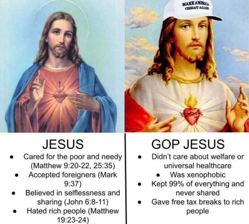 JESUS GOP JESUS e Cared for the poor and needy e Didnt care about welfare or Matthew 920 22 2535 universal healthcare e Accepted foreigners Mark e Was xenophobic 937 o Kept 99 of everything and never shared e Gave free tax breaks to rich people e Believed in selflessness and sharing John 68 11 e Hated rich people Matthew 1923 24