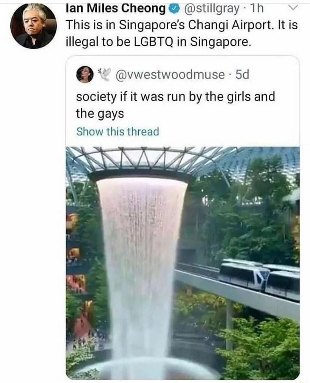 lan Miles Cheong stillgray Th This is in Singapores Changi Airport It is illegal to be LGBTQ in Singapore vwestwoodmuse 5d society if it was run by the girls and the gays Show this thread