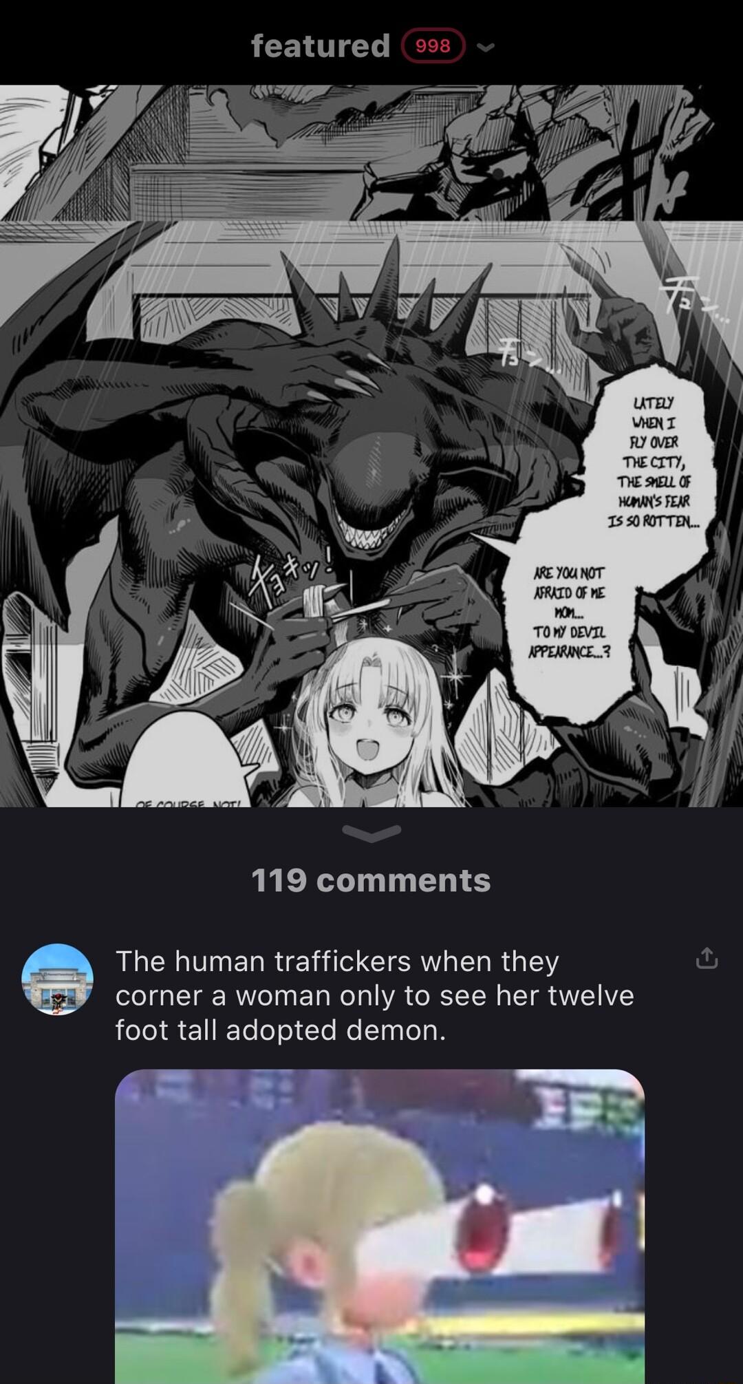featured oo 119 comments The human traffickers when they corner a woman only to see her twelve foot tall adopted demon