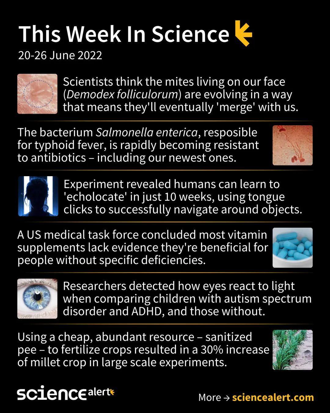 This Week In Science 20 26 June 2022 Scientists think the mites living on our face Demodex folliculorum are evolving in a way that means theyll eventually merge with us The bacterium Salmonella enterica resposible for typhoid fever is rapidly becoming resistant to antibiotics including our newest ones Experiment revealed humans can learn to echolocate i just 10 weeks using tongue clicks to success