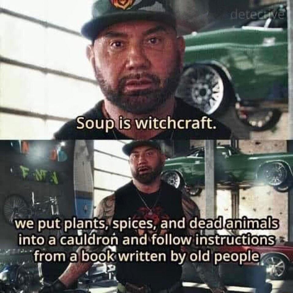 e Sellfa Wtchcraft P b we put plans spices and dead anlmals nto a cauldron ELG R nstructons from a book written by old people e W e W