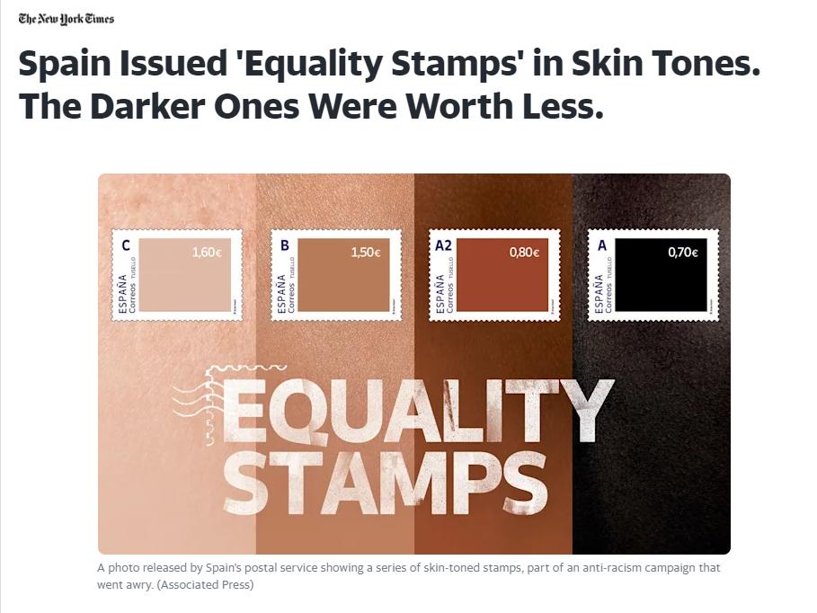 EheNew Yok Eimes Spain Issued Equality Stamps in Skin Tones The Darker Ones Were Worth Less ESPANA
