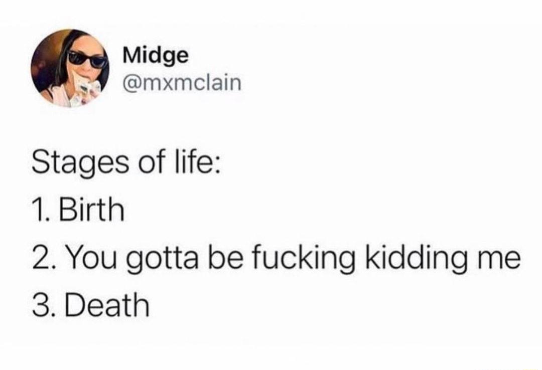 Midge mxmclain Stages of life 1 Birth 2 You gotta be fucking kidding me 3 Death