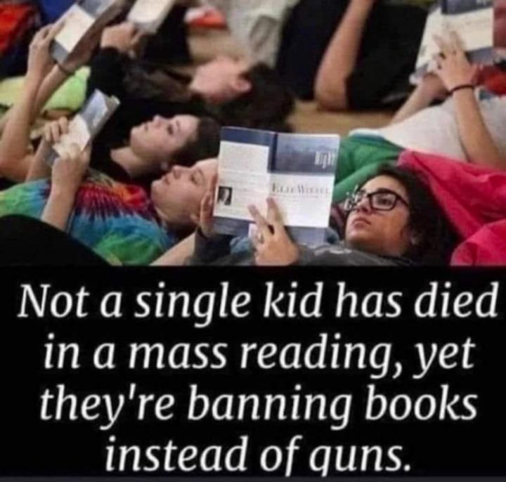 Not a smgle kid has dled in a mass reading yet theyre banning books instead of quns