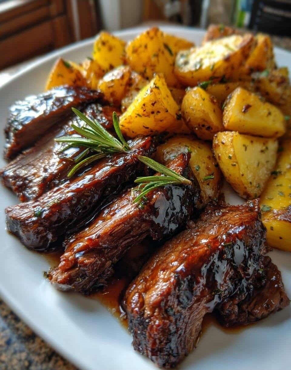 Plate of barbecue ribs with roasted potatoes, garnished with rosemary.