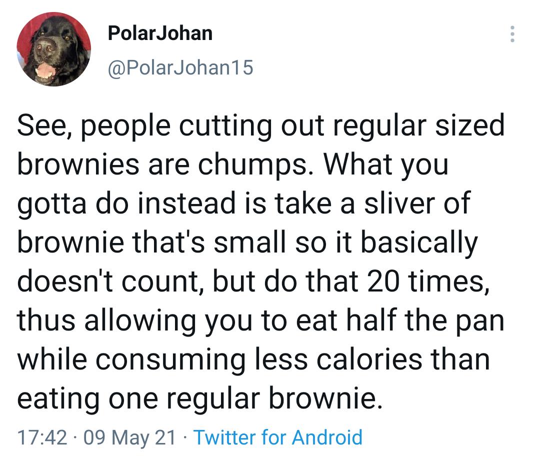 PolarJohan PolarJohan15 See people cutting out regular sized brownies are chumps What you gotta do instead is take a sliver of brownie thats small so it basically doesnt count but do that 20 times thus allowing you to eat half the pan while consuming less calories than eating one regular brownie 1742 09 May 21 Twitter for Android