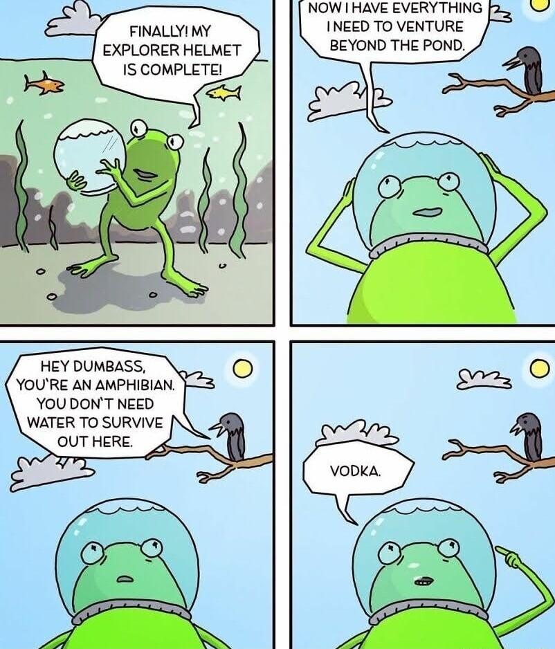 FINALLYI MY EXPLORER HELMET 1S COMPLETE NOWIHAVE EVERYTHING INEED TO VENTURE BEYOND THE POND HEY DUMBASS YOURE AN AMPHIBIAN YOU DONT NEED WATER TO SURVIVE