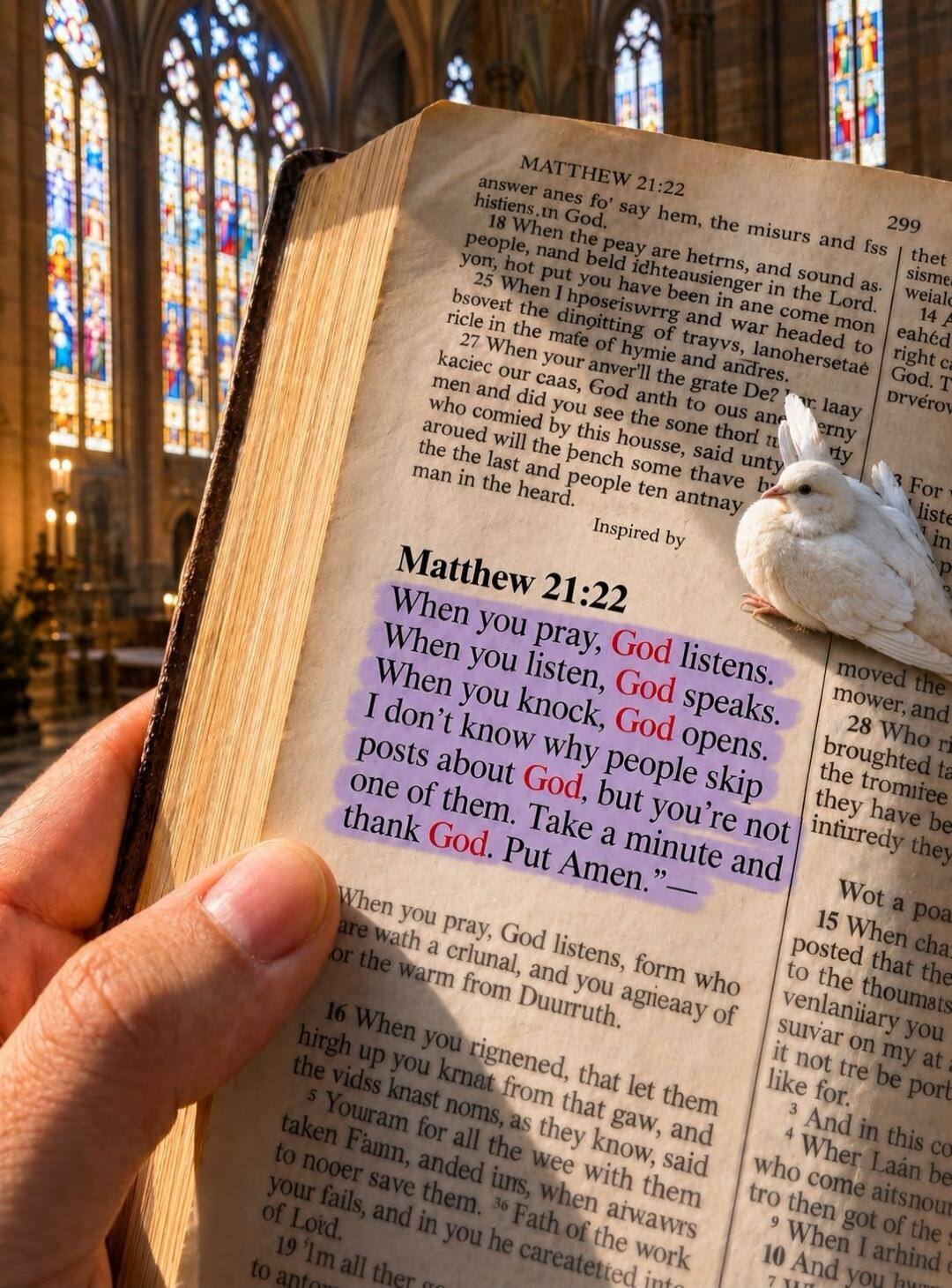 Matthew 21:22 When you pray, God listens. When you listen, God speaks. When you knock, God opens. I don't know why people skip posts about God, but you're not one of them. Take a minute and thank God. Put Amen.