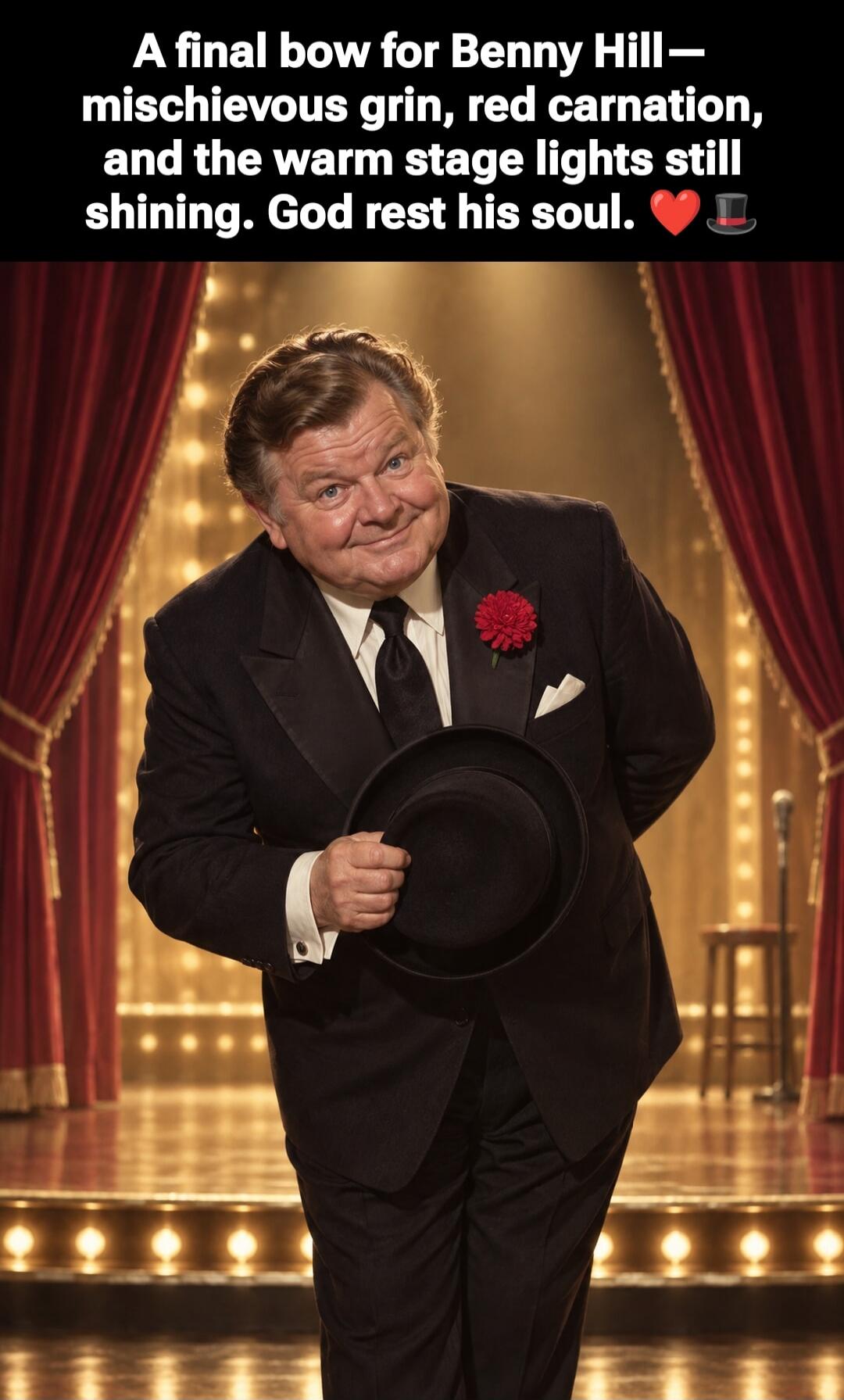 A final bow for Benny Hill— mischievous grin, red carnation, and the warm stage lights still shining. God rest his soul. ❤️🎩