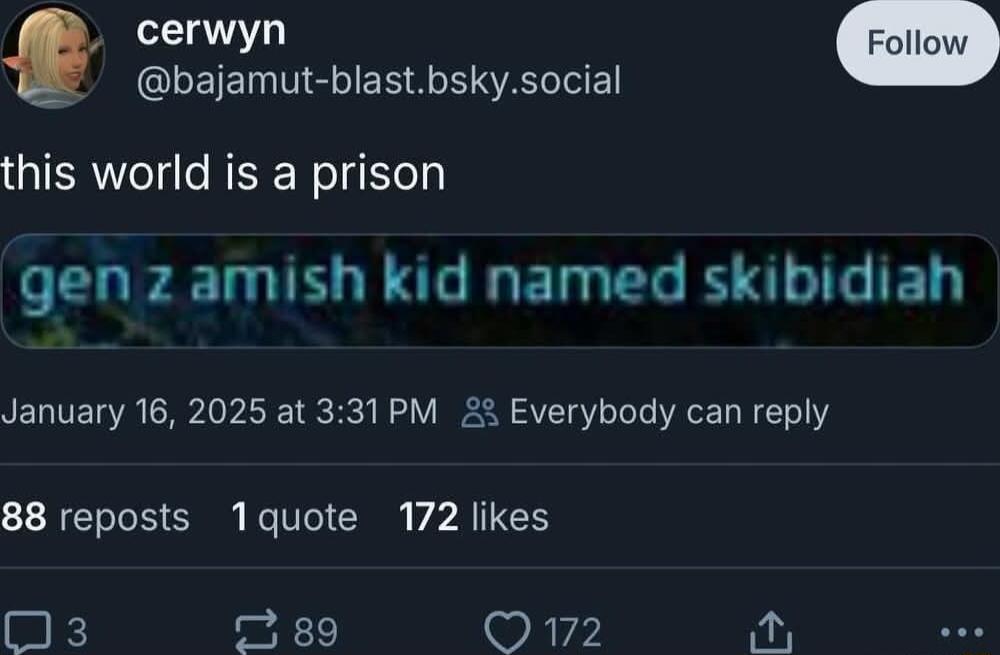 CLEIEMNE I ERAHIREIE this world is a prison gen z amish kid named skibidiah January 16 2025 at 331PM Everybody can reply 1T GOl R VIS O v 4 H O3 89 Q172